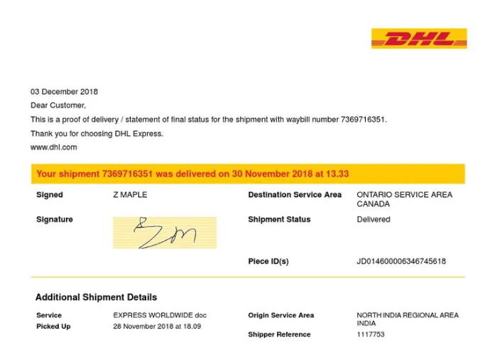 dhl proof of delivery