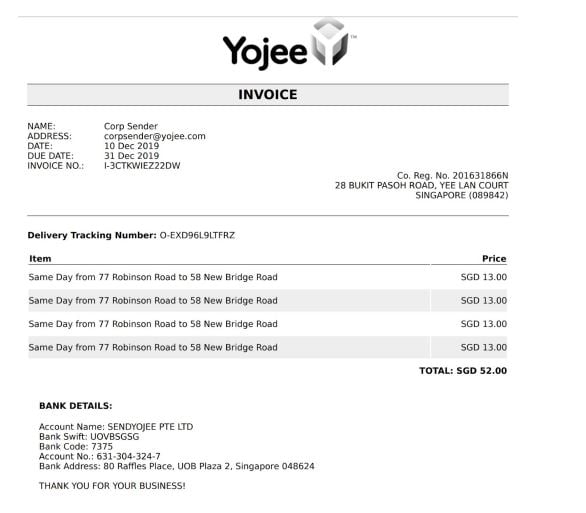 Yojee Invoice generator